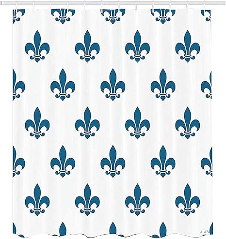 Amazon Yunnstrou Fleur De Lis Decorコレクション イラスト フルール ド リス リピート モチーフ リリーシェード オーナメントデザイン ポリエステル生地 バスルームシャワーカーテンセットフック 60 72インチ ネイビーブルー ホワイト シャワーカーテン ホーム