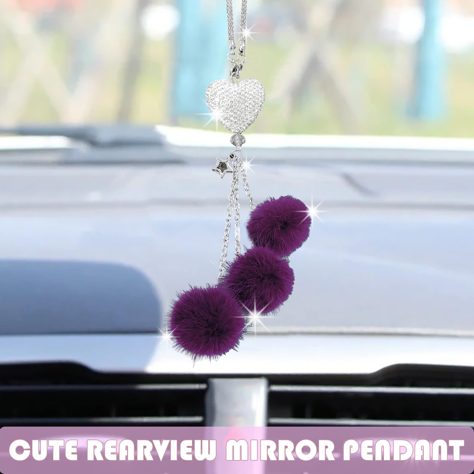 GLSOWEE Bling Car Rear View Mirror Charm - Sparkly Heart & Plush Ball Pendant For Women (Purple)