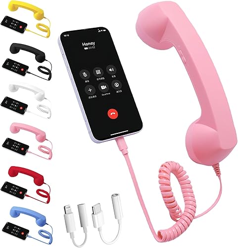 Auricular retro para teléfono, teléfono retro Bluetooth, receptor externo con cable con micrófono, para teléfonos móviles, teléfono celular (rosa,