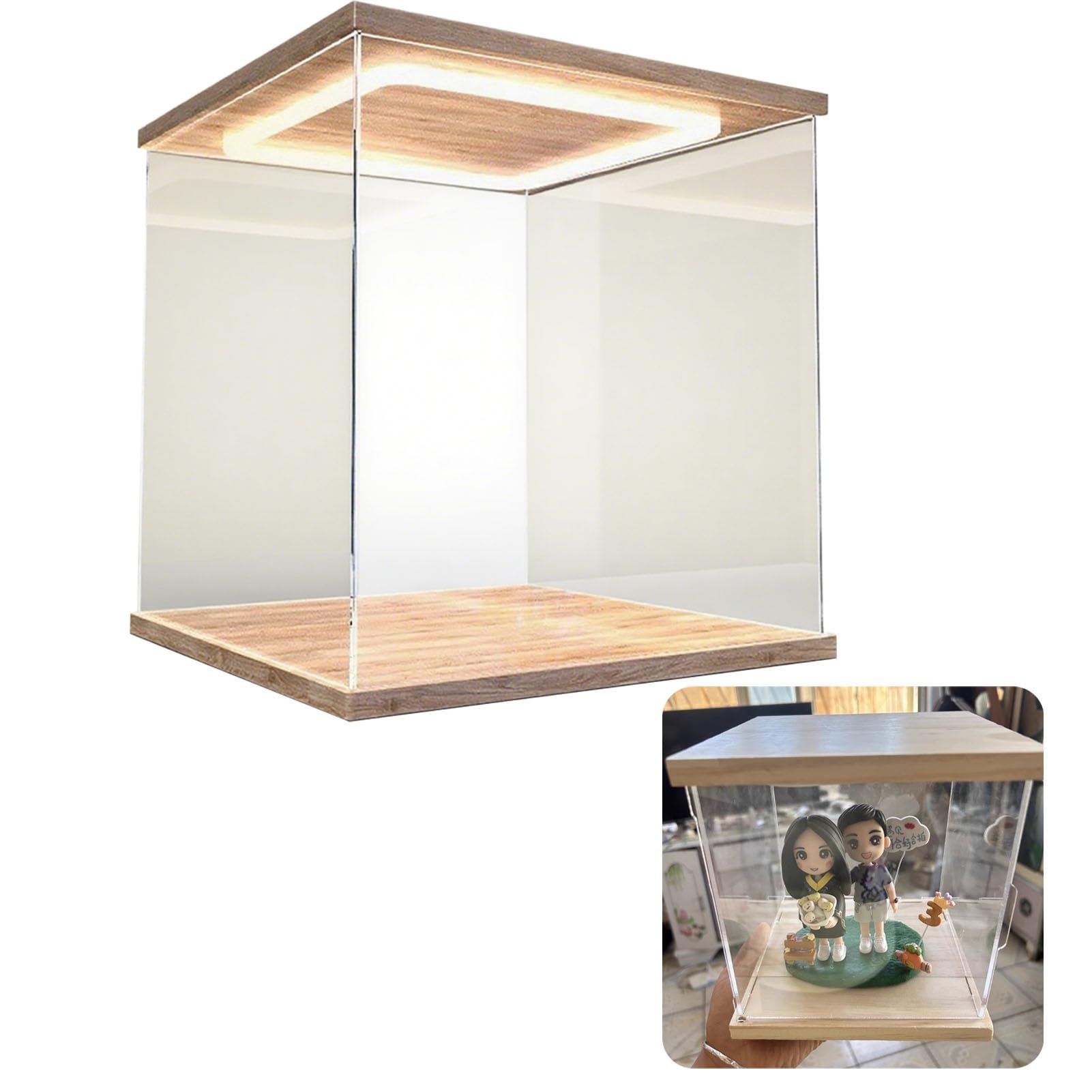 Acryl Vitrine Würfelförmige Puppenvitrine aus Acryl mit LED-Licht, Transparente Vitrine für Minifiguren, Staubdichte Vitrine aus Transparentem Acryl, Selbstmontage(20x20x30cm(8x8x12in))