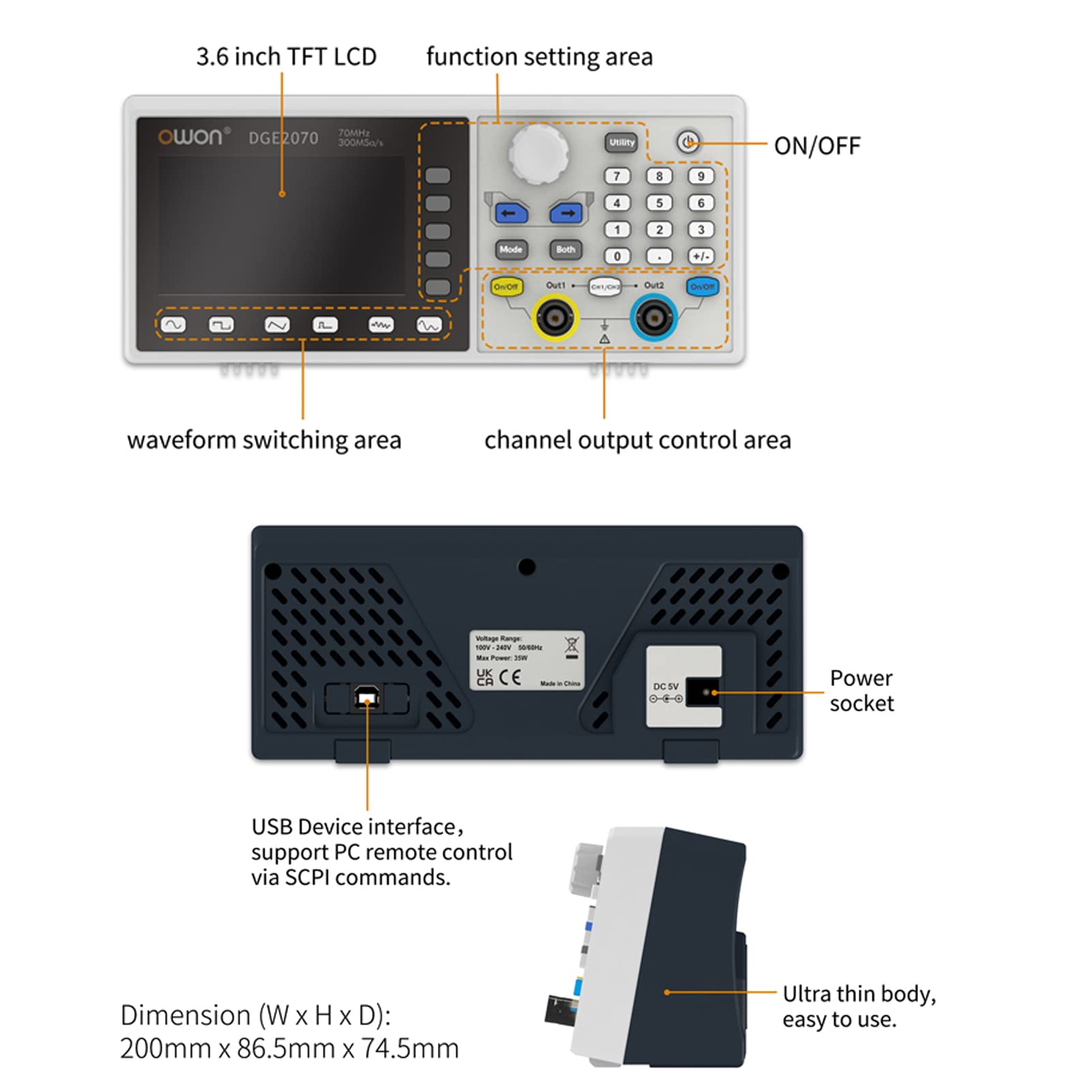 OWON DGE2070 Arbitrary Waveform Generator AWG 14bit vertikale Auflösung 2CH 70MHz 300MSa/s 3,6 Zoll LCD Digital Signal Generator