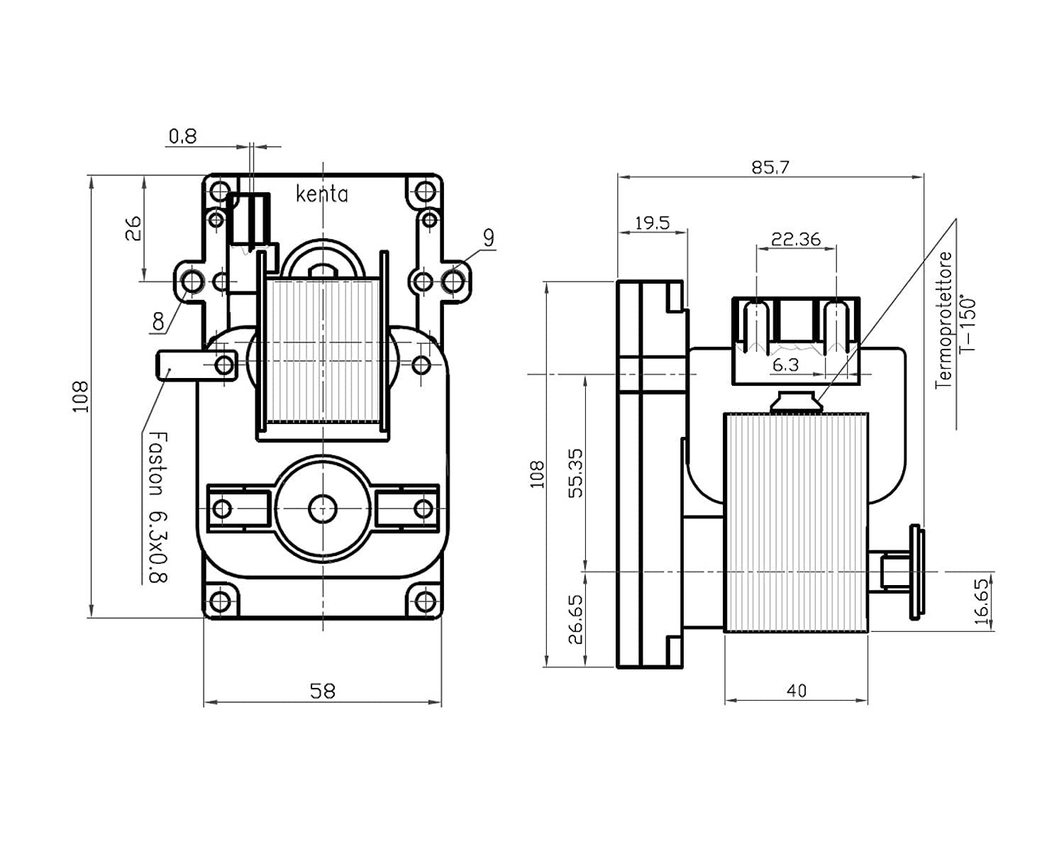 ERICAMBI, Motoriduttore Kenta per Stufe a Pellet K9117153, Velocità 5rpm, Senso di Rotazione Oraria, Pacco Lamellare 40mm, Albero Cavo Ø 8,5mm, Spianatura Doppia