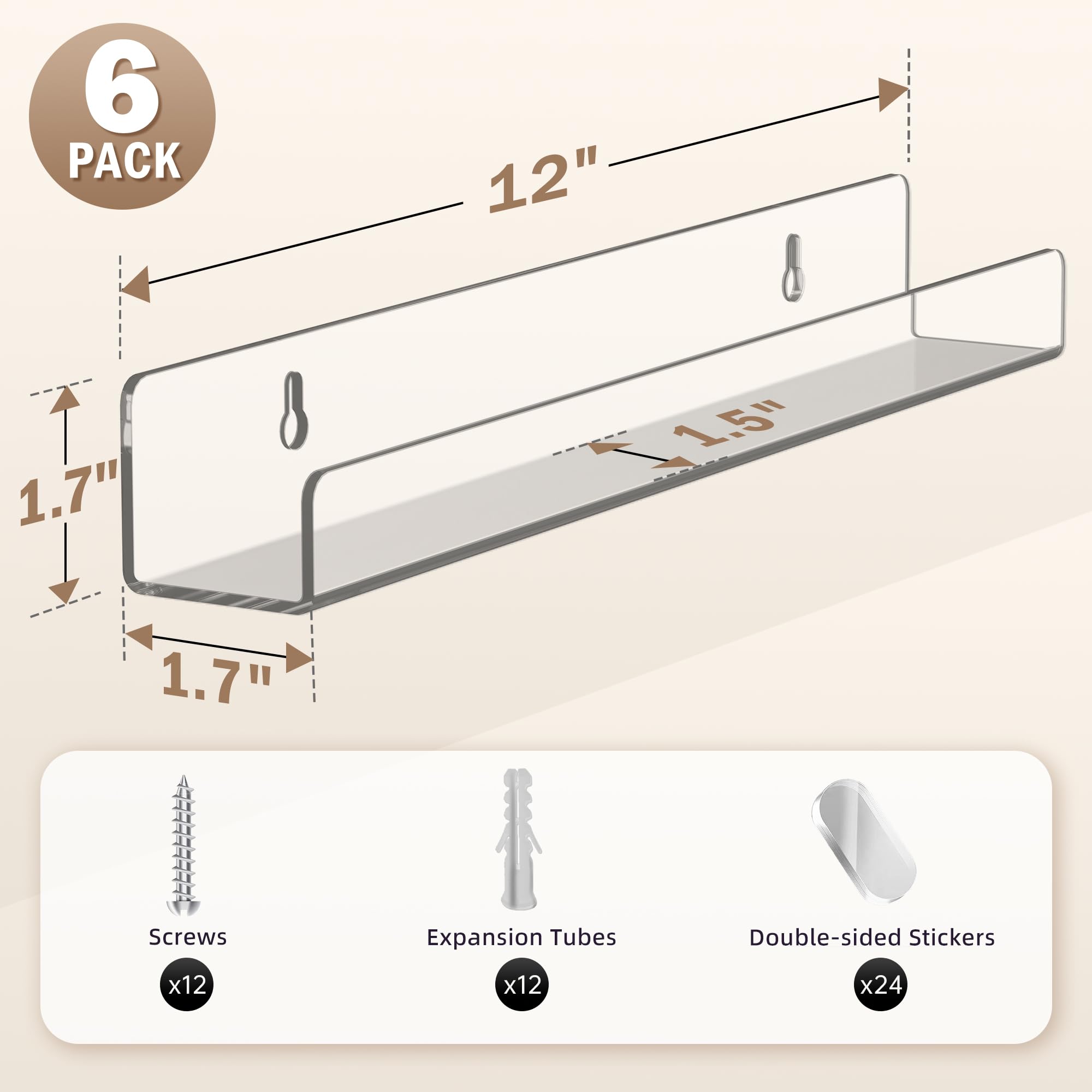 MINDEPOT Soporte de pared para discos de vinilo, paquete de 6 unidades de 12 pulgadas, estante transparente de exhibición de libros de música para decoración del hogar, habitación de niños, arte de