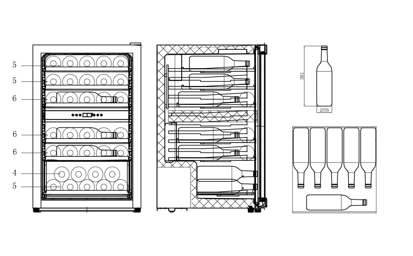 CAVIN Freistehender Weinkühlschrank, Polar Collection 51 schwarz, 37 Flaschen, zwei Temperaturzonen 4-22°C, Holzregalböden, Kompressor,Glastür mit UV-Schutz, leise