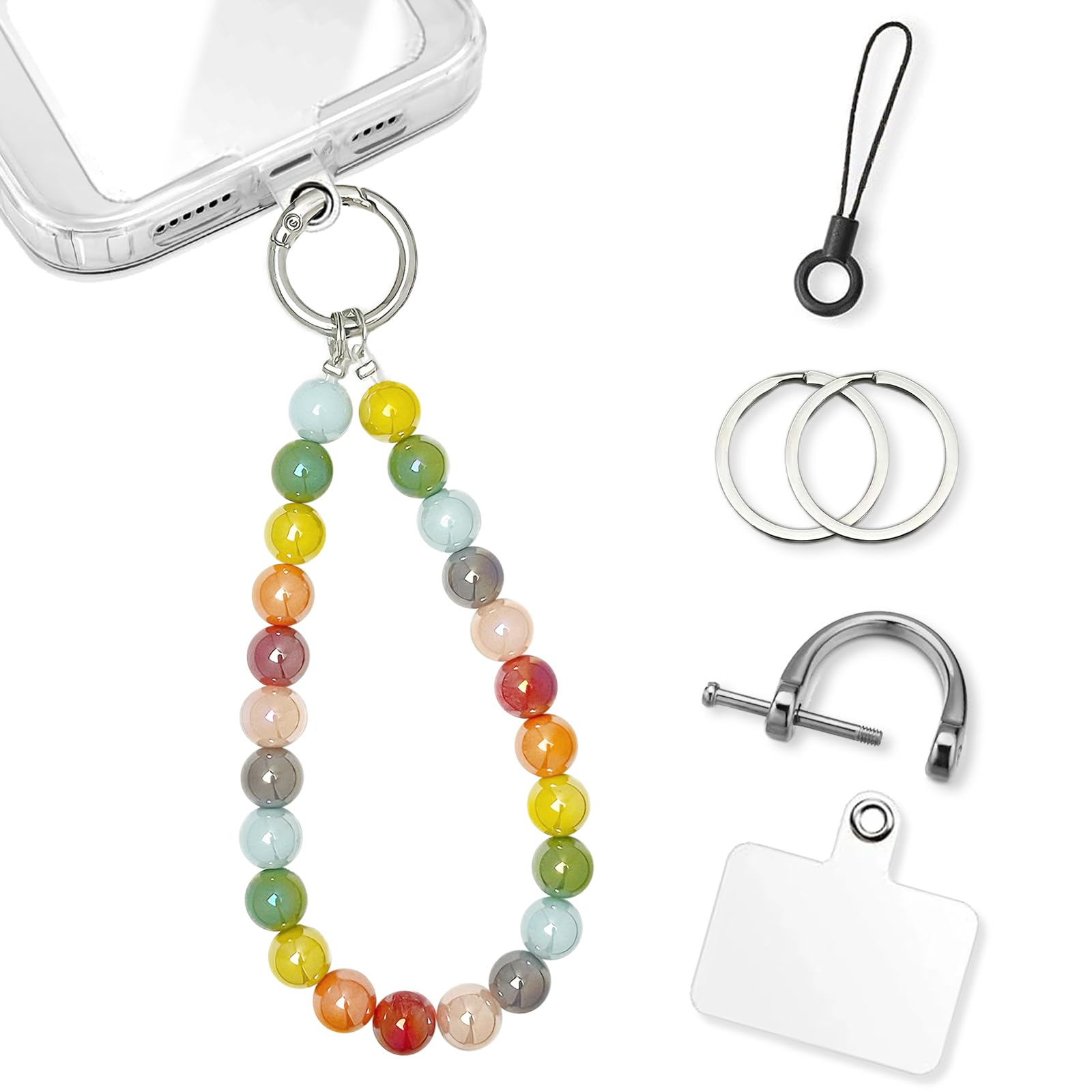 KARENSKEYS Phone Charm Strap, Glass Pearl Beaded Bracelet with Tether Tab & Metal Buckle for Cellphone, Wrist Keychain for Car Keys with D Ring for