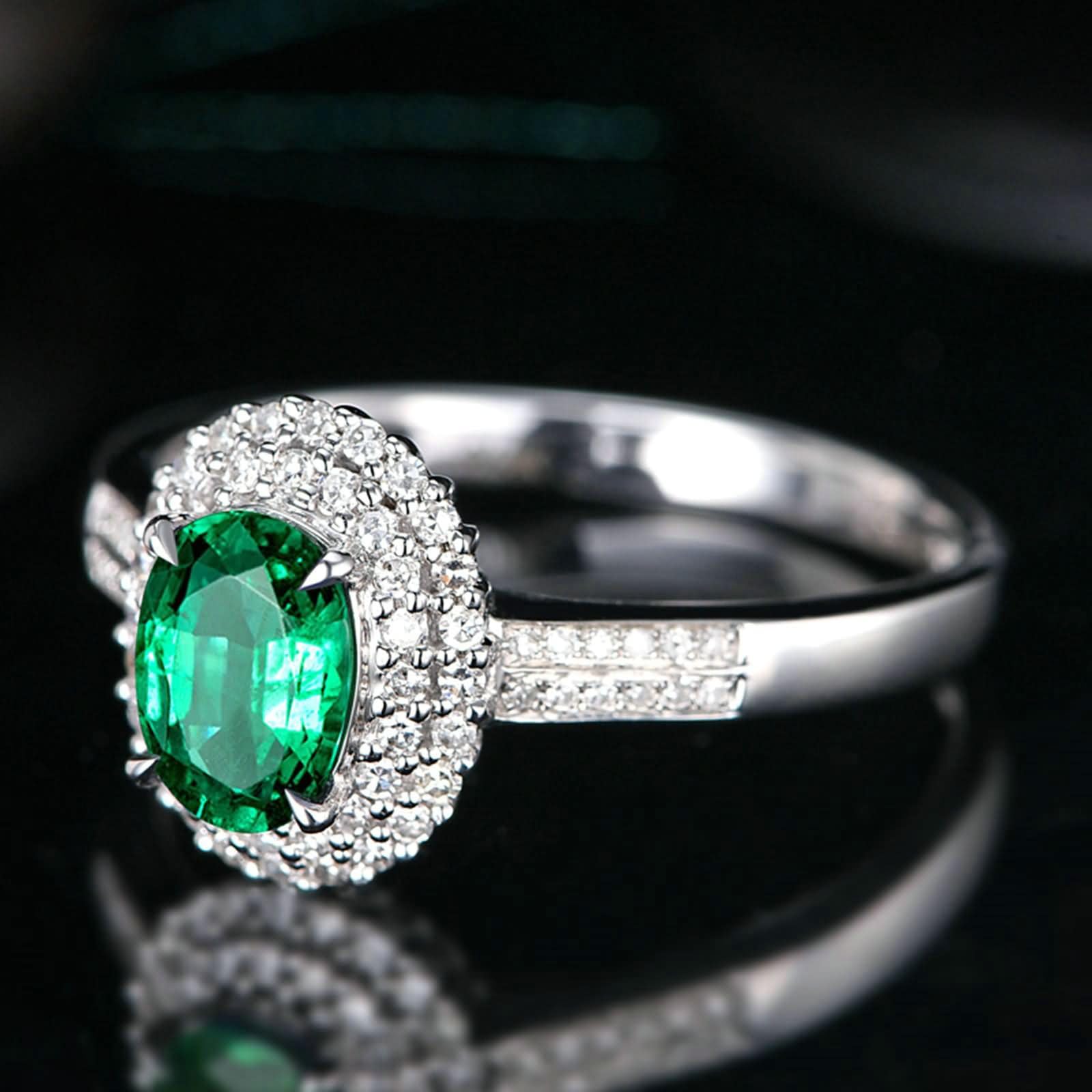 Obrączki ślubne z białego złota dla kobiet 375/585/750, 4 szczęki owalne 1,1 ct szmaragd i diament, pierścionek ze srebrno-zielonymi obrączkami dla kobiet