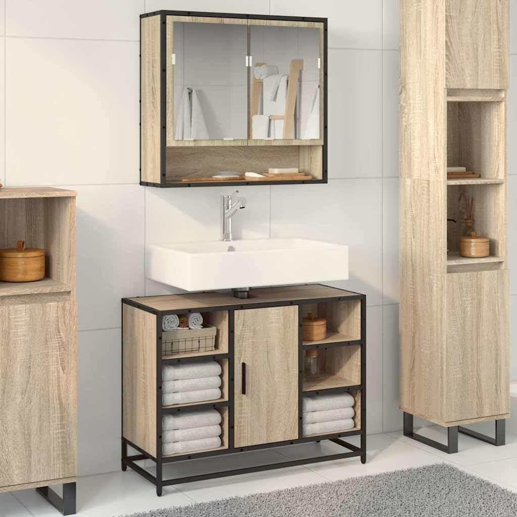 Armadietto per lavabo in rovere Sonoma, 80 x 33 x 60 cm, in legno pregiato