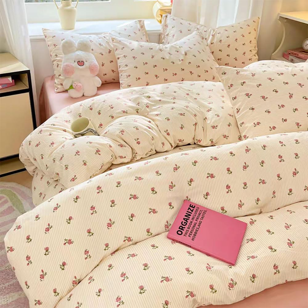 Nyescasa Duvet Cover Sets Double Beige Pink Floral Flower Botanical Bedding Set Washed Microfiber Flowers Aesthetic Teen Girls Women Quilt Cover 200x200 with Zipper Closure and 2 Pillowcases 50x75 cm