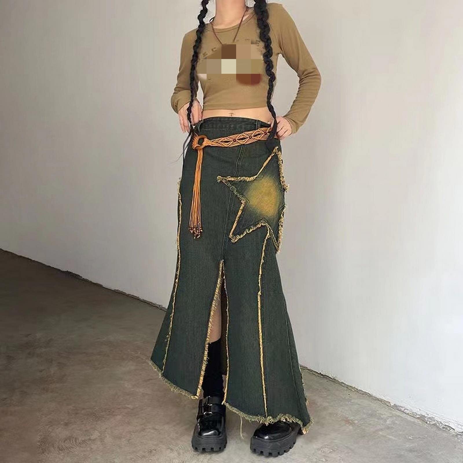Langer Rock für Damen, Vintage, unregelmäßig, Stern, knielang, Denim, Midi-Rock, hohe Taille, gerade Maxi-Röcke, Blau / Gelb, 44