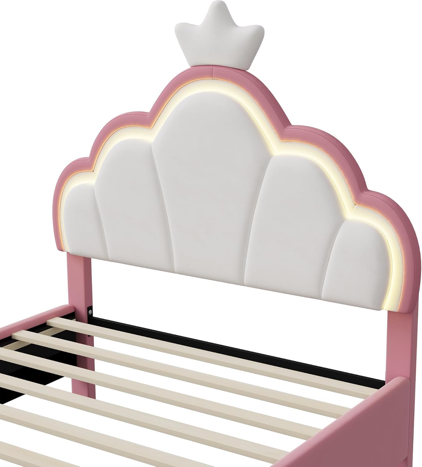 Cama infantil tapizada de 90x200 cm, cama para niñas, camaInfantil, camaPrincesa con cabecero LED ajustable y somier de láminas, camaJuvenil de madera maciza y terciopelo, sin colchón (90*200)