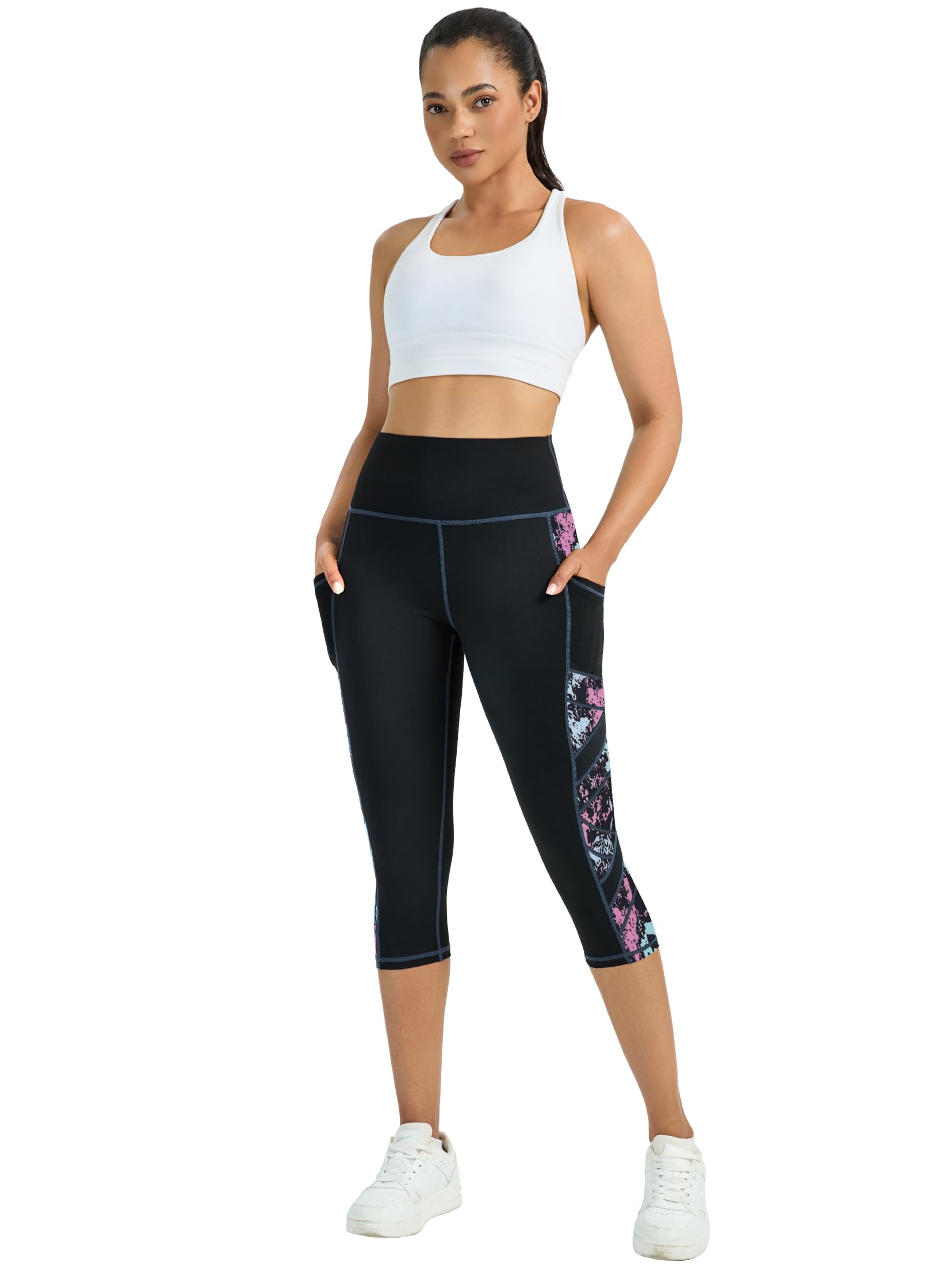 Pantalon de sport 3/4 pour femme - Avec poches - Opaque - Pantalon de fitness - Pantalon de course pour femme