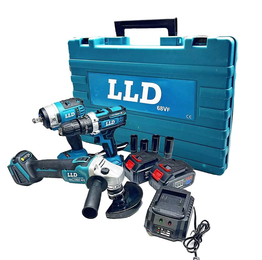 Kit 3 in 1 Trapano Avvitatore + Avvitatore a Impulsi + Smerigliatrice a Batteria e comoda valigetta in plastica resistente