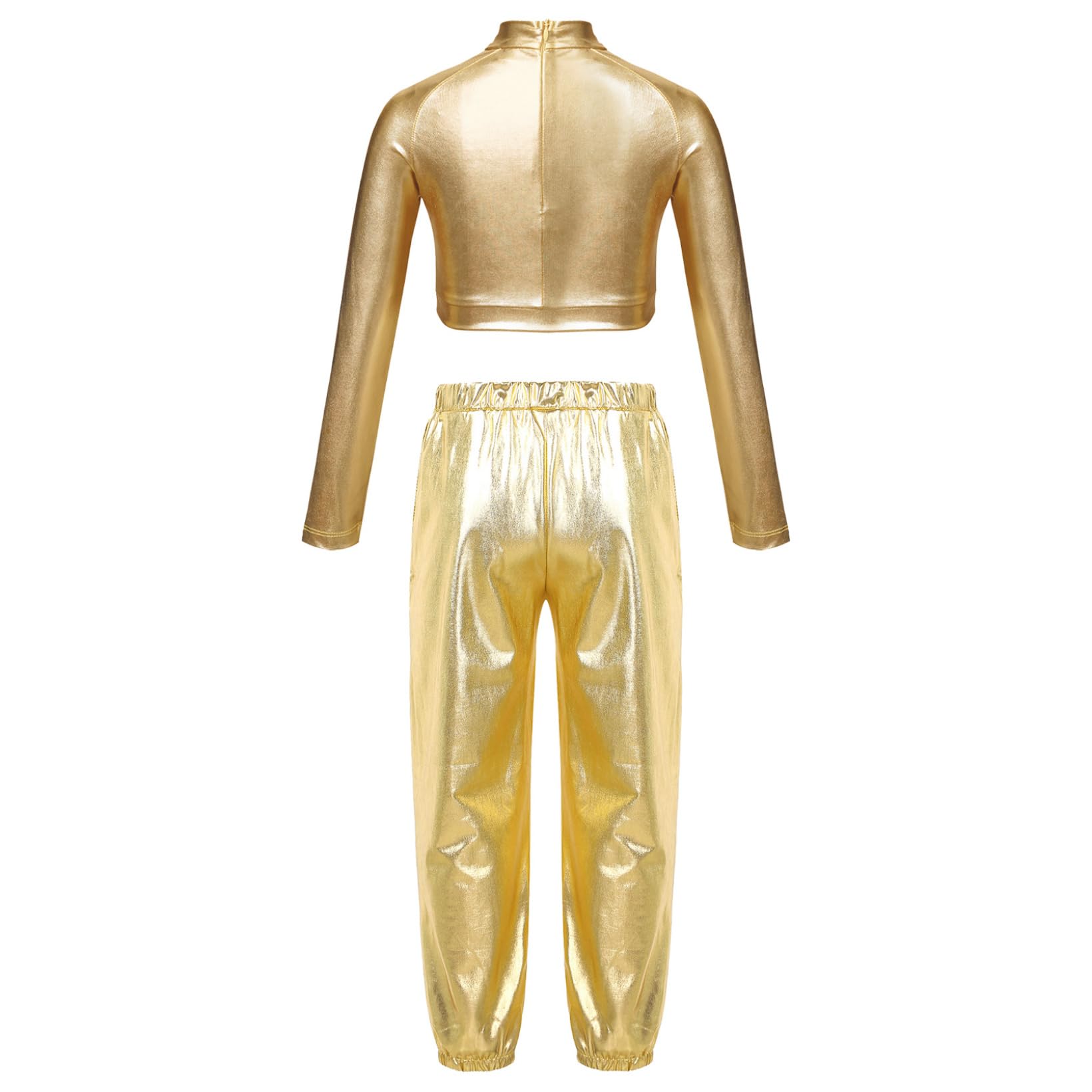 JanJean Kids Girls 2Pcs Dance Tracksuit Shiny Metallic Crop Top with Athletic Sweatpants Jazz Hip Hop Jazz Dance Costume Gold 16 Years