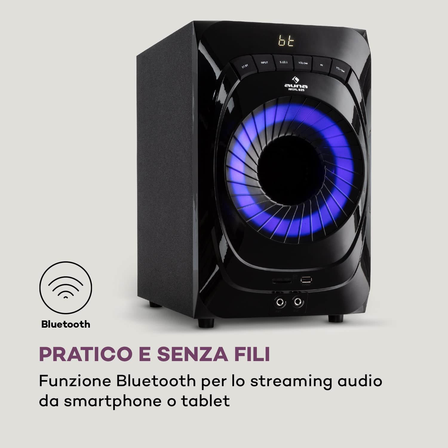 Auna Areal 825 - Sound System 5.1, Impianto Home Cinema 5.1, 200 Watt di Potenza RMS, Subwoofer Home Cinema da 8" + 5 Altoparlanti, Bluetooth, USB, SD, AUX, Telecomando incl., Nero