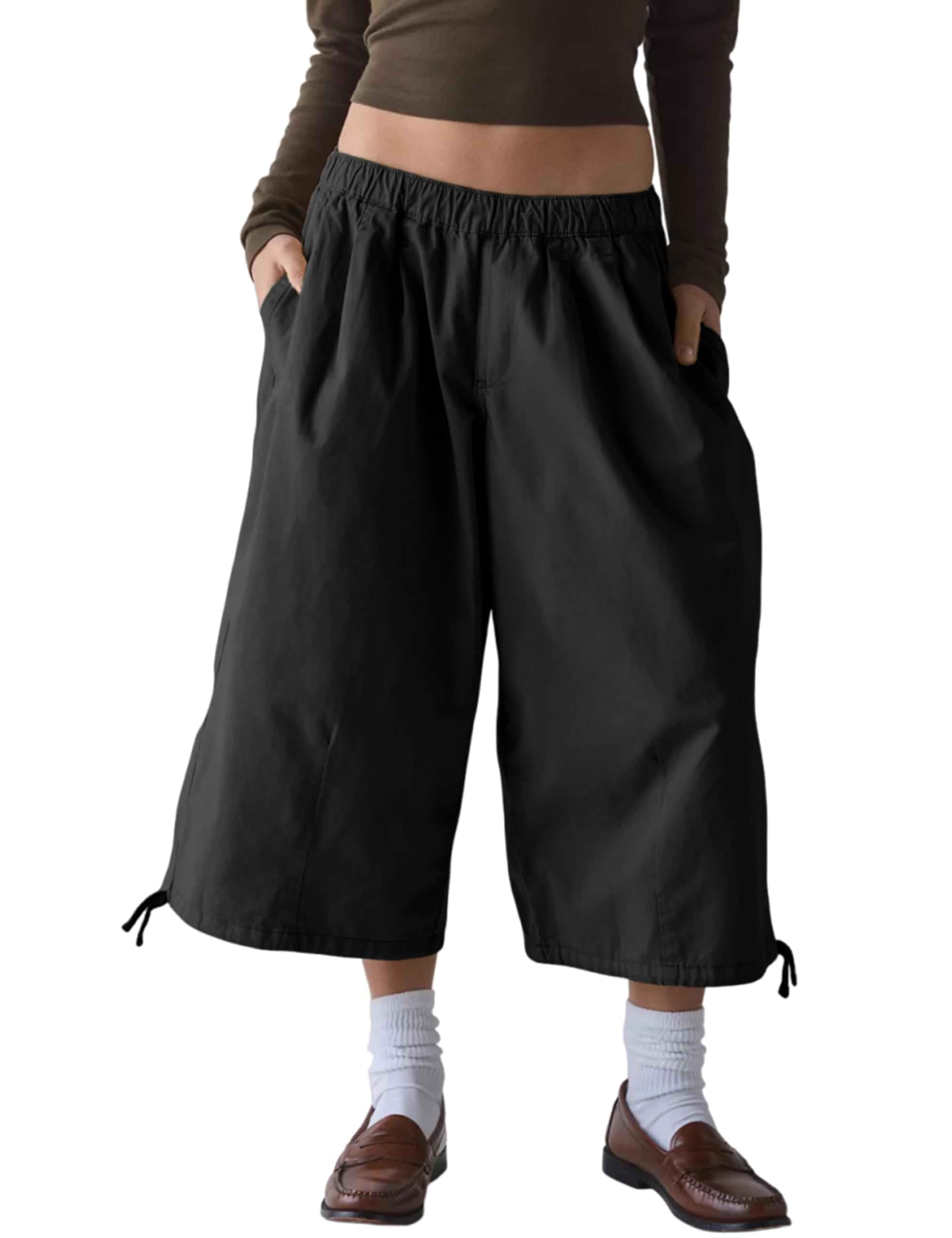 Cazaddi Women's Wide Leg Cargo Capris Pants Elastic Waist Baggy Cropped Pants with Poackets