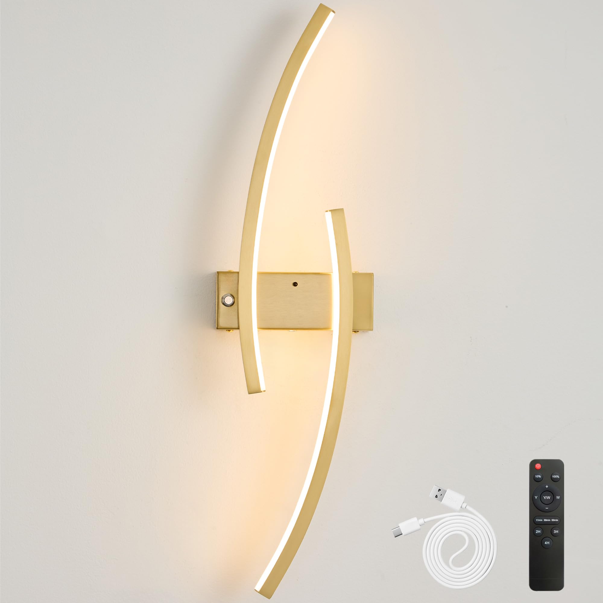 Actask Rechargeable Wall Lights, 60CM 10000mAh Dimmable Battery Operated Wall Light, Gold Modern LED Wireless Sconce Wall Light with Remote Control for Living Room, Bedroom, Hallway, 1 Pack