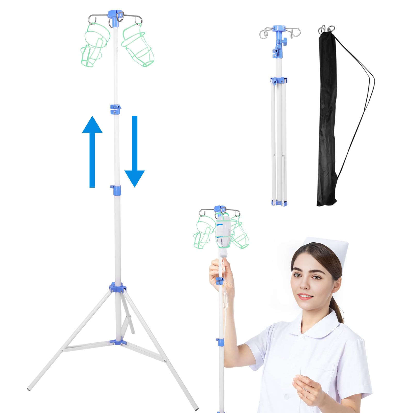 IV Pole portatile per viaggi, supporto IV regolabile con ganci, supporto medico IV per infusione endovenosa, supporto da pavimento per fluidi IV (bianco)