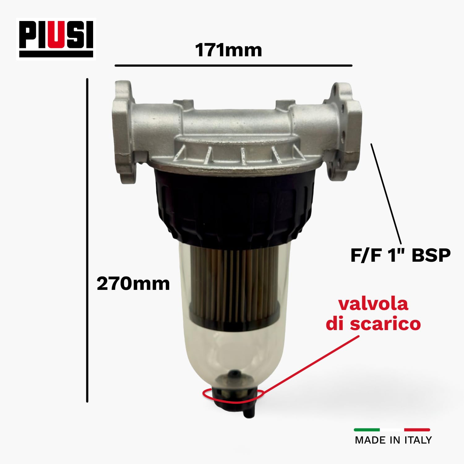 PIUSI Filtro Carburante Professionale - Kit Completo Filtro Metallico per Gasolio, Benzina e Olio con cartuccia in rete metallica - Filtrazione 125 micron | Clear Captor (F00611B60)