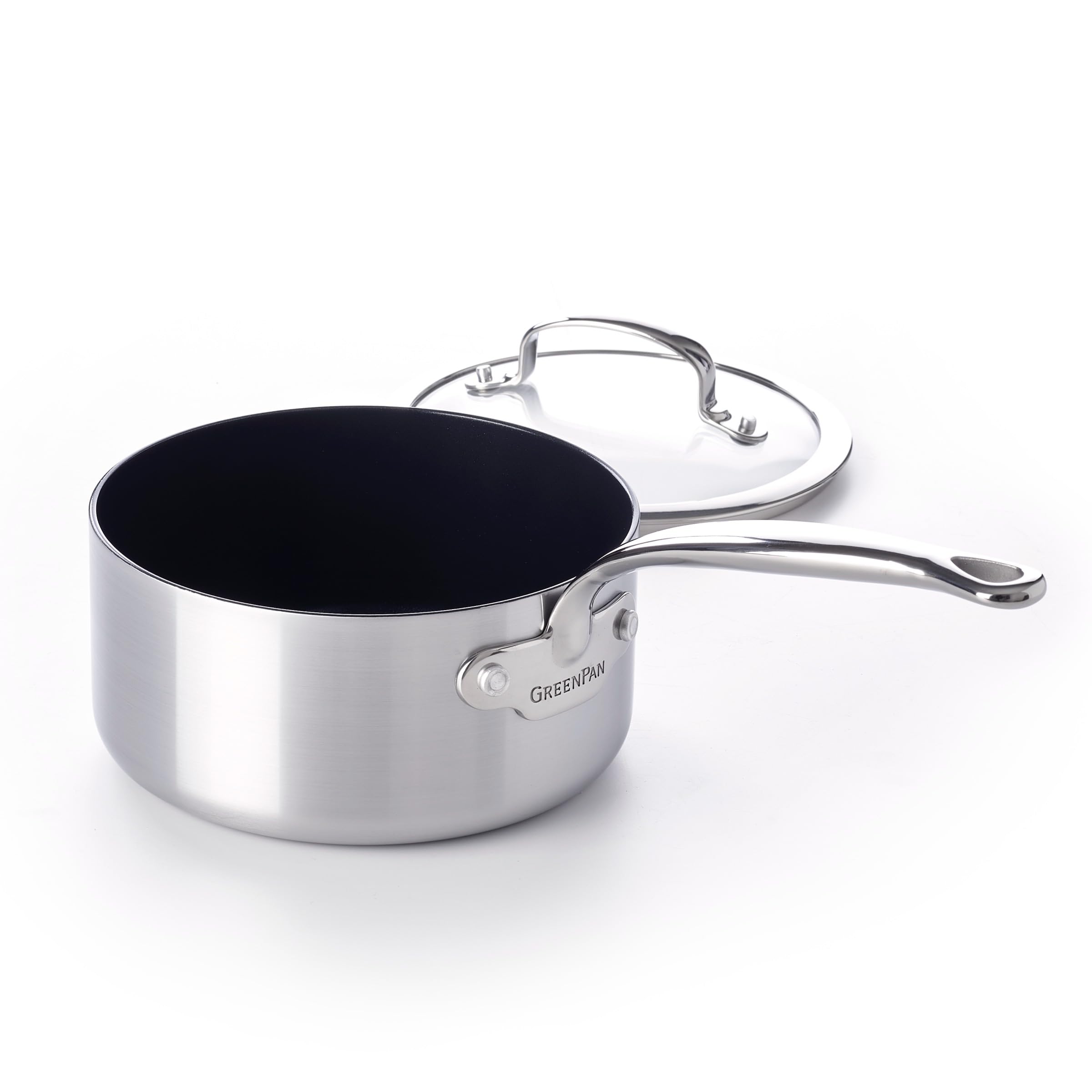 Greenpan Silver Barcelona Evershine Tri-Ply Stainless Steel Healthy Diamond Reinforced Ceramic Non-Stick 16 Cm/1.5 Litre Saucepan, Pfas-Free, Multi Clad, Induction, Oven Safe,