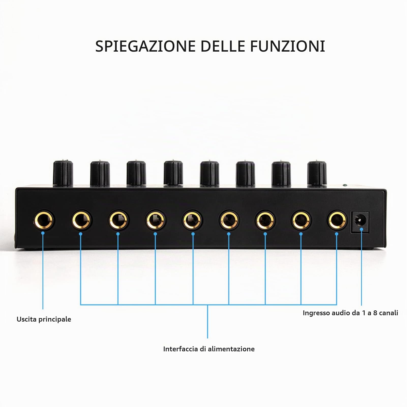 Amplificatore per Cuffie a 8 Canali, Amplificatore Audio Stereo Portatile in Metallo con Adattatore di Alimentazione 12V, di Amplificazione Audio Domestico per Studio e