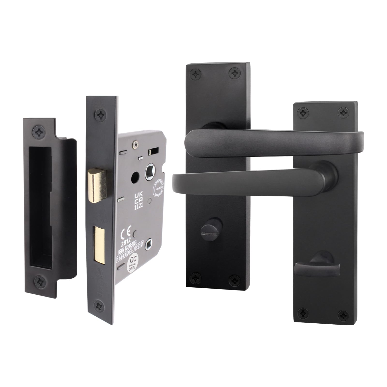 EAI Black Bathroom Door Handle Set | 1 Pair Bathroom Handles on Backplate with Lock (64mm) | Straight Pattern