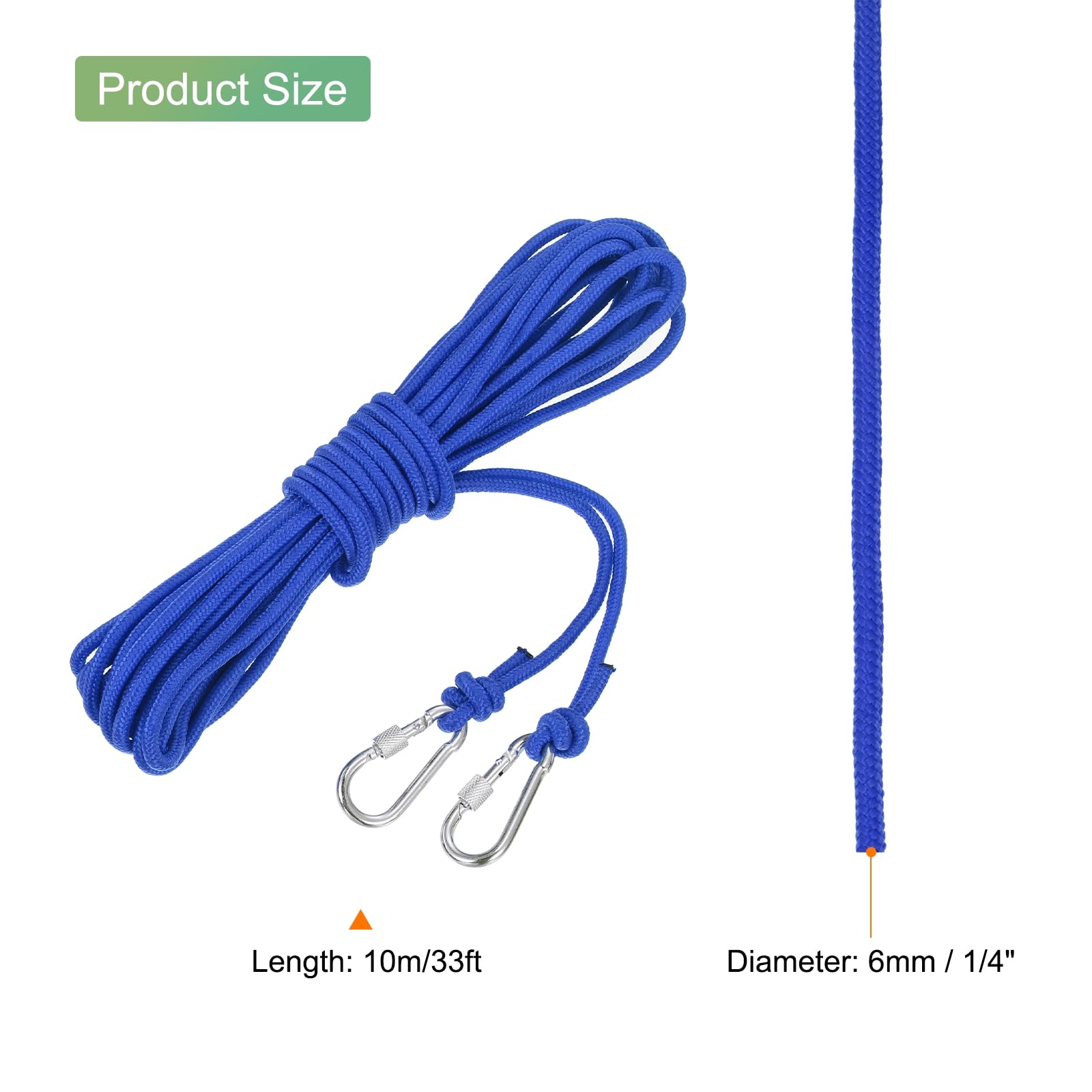 QUARKZMAN Cuerda de Anclaje de Polipropileno Trenzado Hueco con Gancho, 1/4 Pulgada 33 pies Línea Flotante de Nylon para Ancla de Barco de Vida en la Piscina Marina, Azul