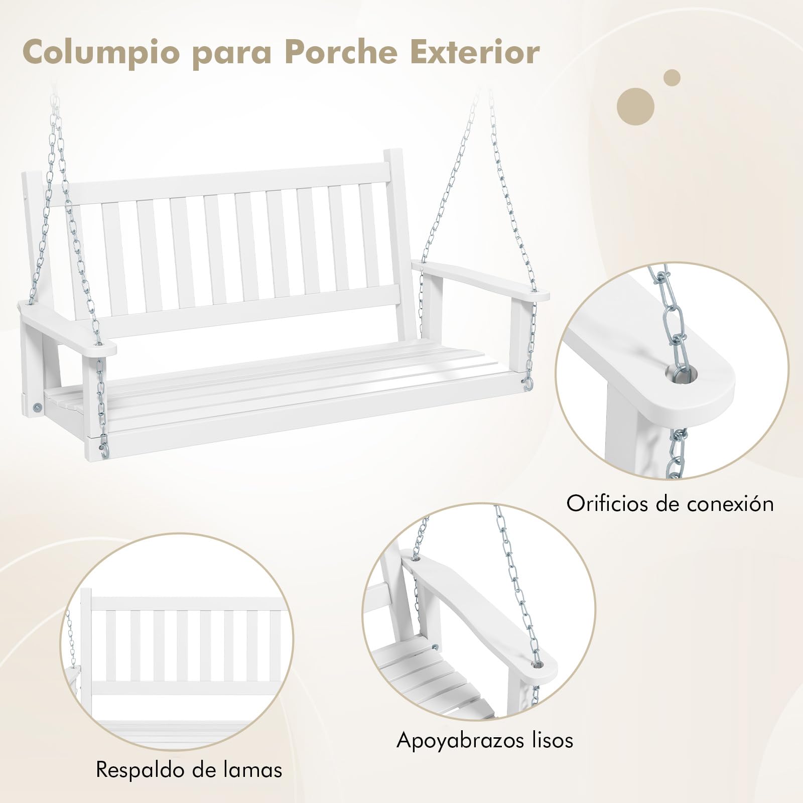 COSTWAY Banco Columpio de 2-3 Plazas, Banco Colgante de Jardín, Madera de Álamo, Cadenas Ajustables de 170cm, Respaldo de Listones (168 x 65 x 63 cm, Blanco)