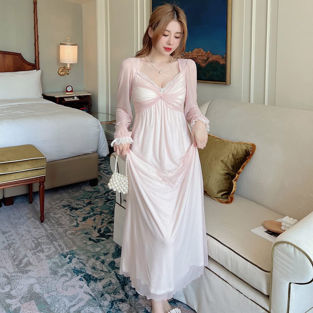 Frauen Mädchen Langarm Spitze Schlafkleid Prinzessin Stil Gaze Nachthemd Nachtkleid