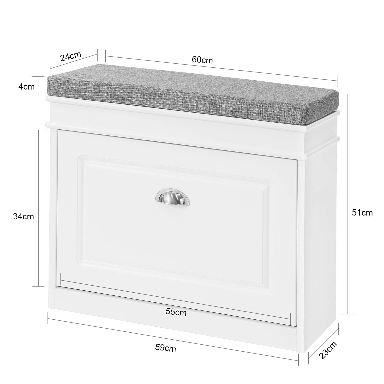 SoBuy Schuhbank mit Sitzkissen und Stauraum Schuhschrank mit Klappe, Schuhregal schmal platzsparende Sitzbank mit Stauraum für Flur, Wohnzimmer, Schlafzimmer, bis 150 kg, Weiß 60x51x24cm, FSR82-K-W