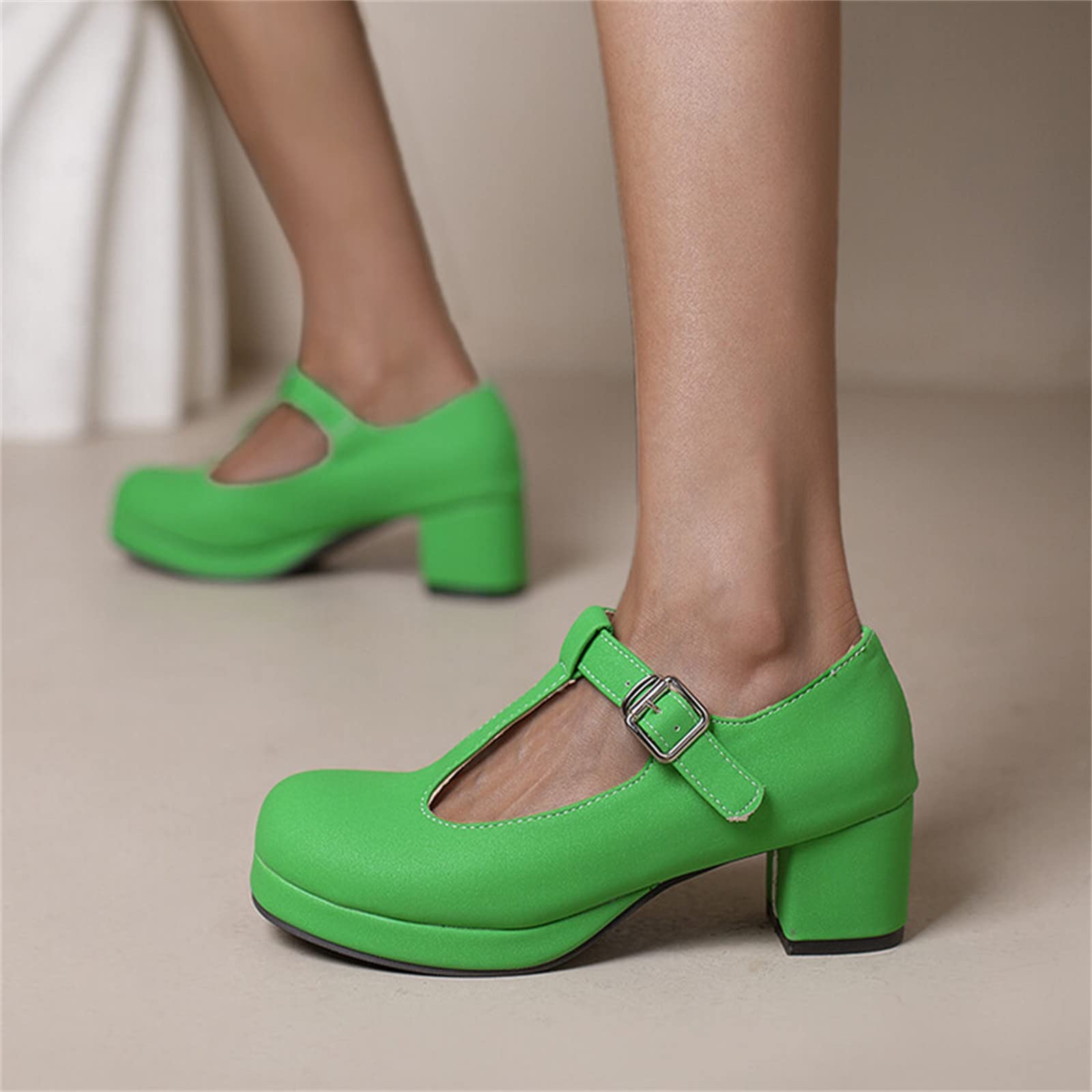 Generisch Scarpe da donna con plateau con tacco a blocco, sandali con fibbia, per cosplay, con tacchi alti, Mary Jane, scarpe rotonde in pizzo, eleganti scarpe con tacco slip-on