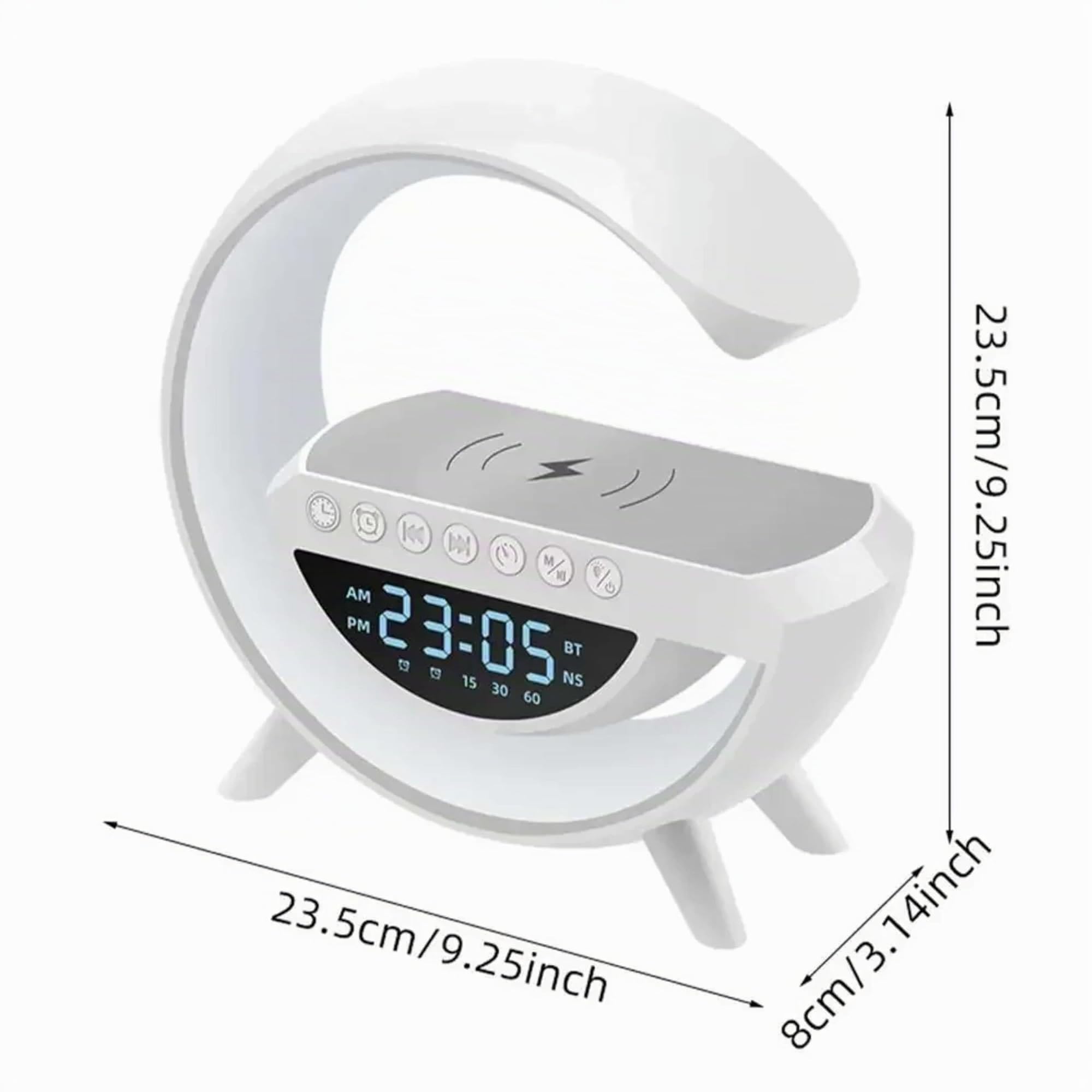 Altavoz Inteligente Sandalfon con Cargador Teléfono Inalámbrica, Bluetooth, Reloj Despertador con Luz, Lampara de Mesa LED Sincronización de Música 5 in 1, Dormitorio, Habitación, Oficina , Regalos