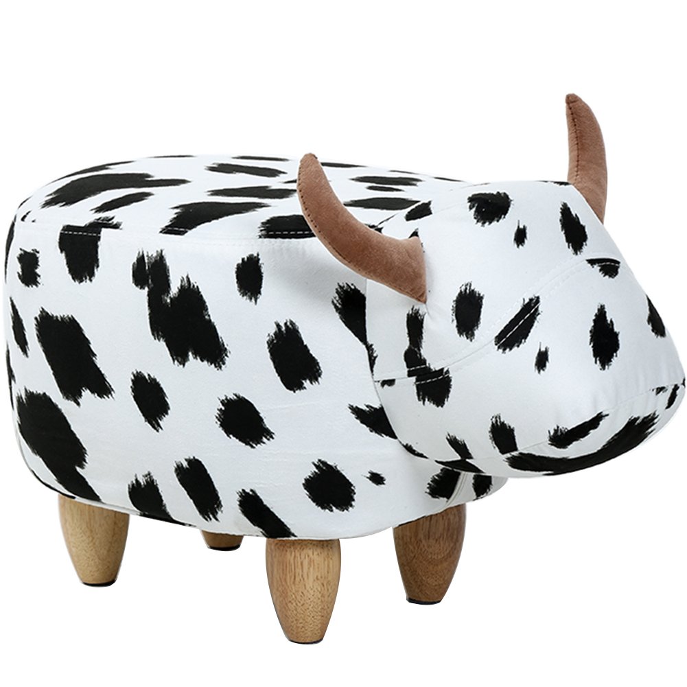 OLizee Decorative Cow Ottoman Footstool Cute Animal Upholstered Stool for Kids Wooden Footrest Accent Furniture, Black White
