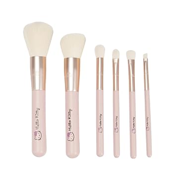 Impressions Vanity Hello Kitty The Core 6 PCs Makeup Brush set with Aluminum Ferrule, Super Soft Makeup Brushes for Foundation, Face Powder, Blending, Defined Shadow, Eye Shadow, and Liner Pink