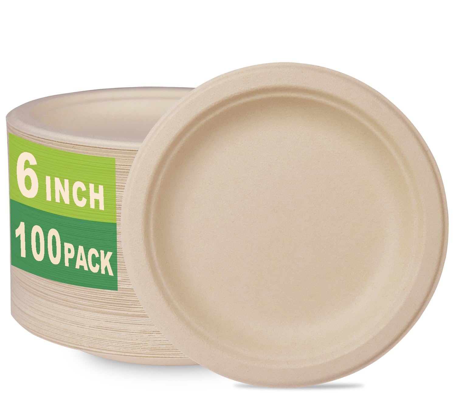greenworks 100 count 6 small compostable dessert plates heavy-duty unbleached biodegradable bagasse and bamboo fiber paper plates