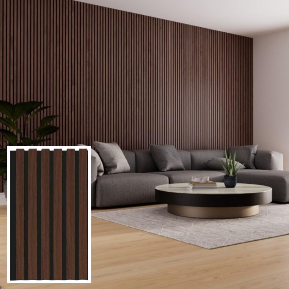 Set 4 pannelli fonoassorbenti decorativi in mdf per uso interno, Effetto Legno, Pannelli Murali, Design Moderno 60xH275 cm (Noce scuro)