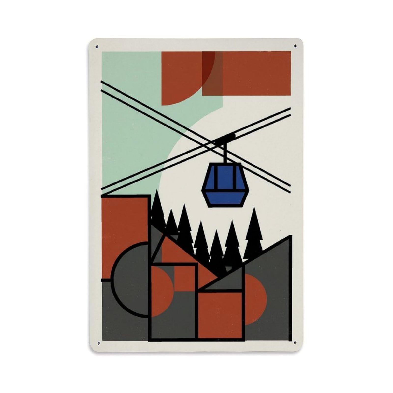 Geometric Abstract Alpine Cable Car Cream Background Metal Tin Sign Plaque Wall Decor for Cafe, Man Cave, Club Bar, Office, Home Garden Round Metal Poster 8x12Inch