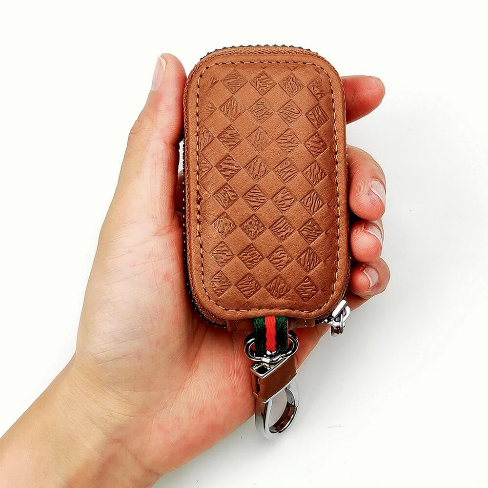 Unisex Mens Womens Premium Quilted Pattern Leather Car Key Holder Bag Keychain Case Wallet with Zipper Closure-image-19