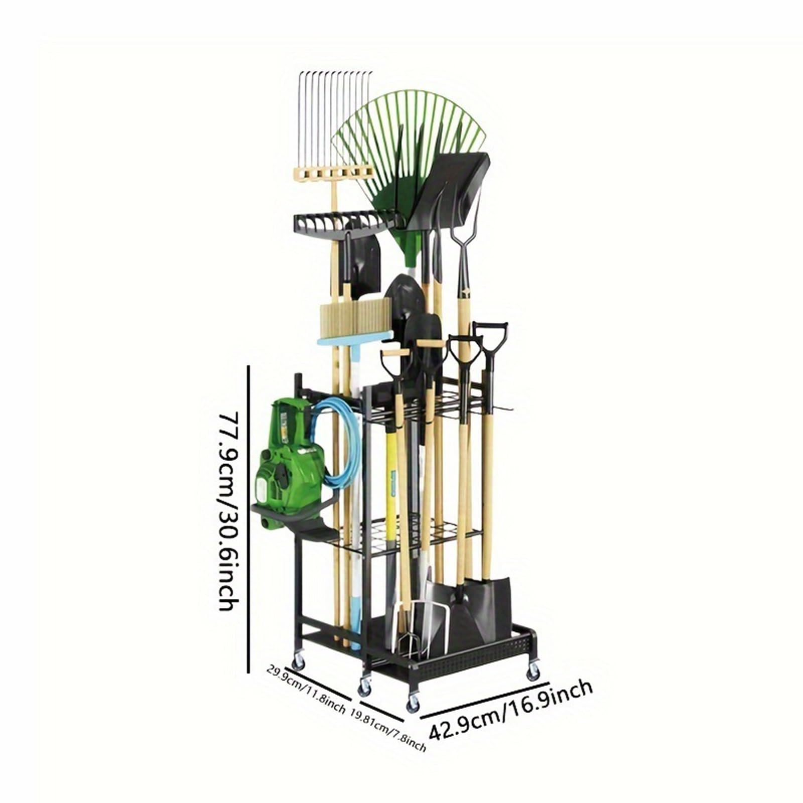 Organizador de Herramientas de jardín con Ruedas, Soporte para Escoba, fregona, Pala, rastrillo, cobertizo de Garaje, Soporte para Herramientas de Exterior, Torre para Herramientas