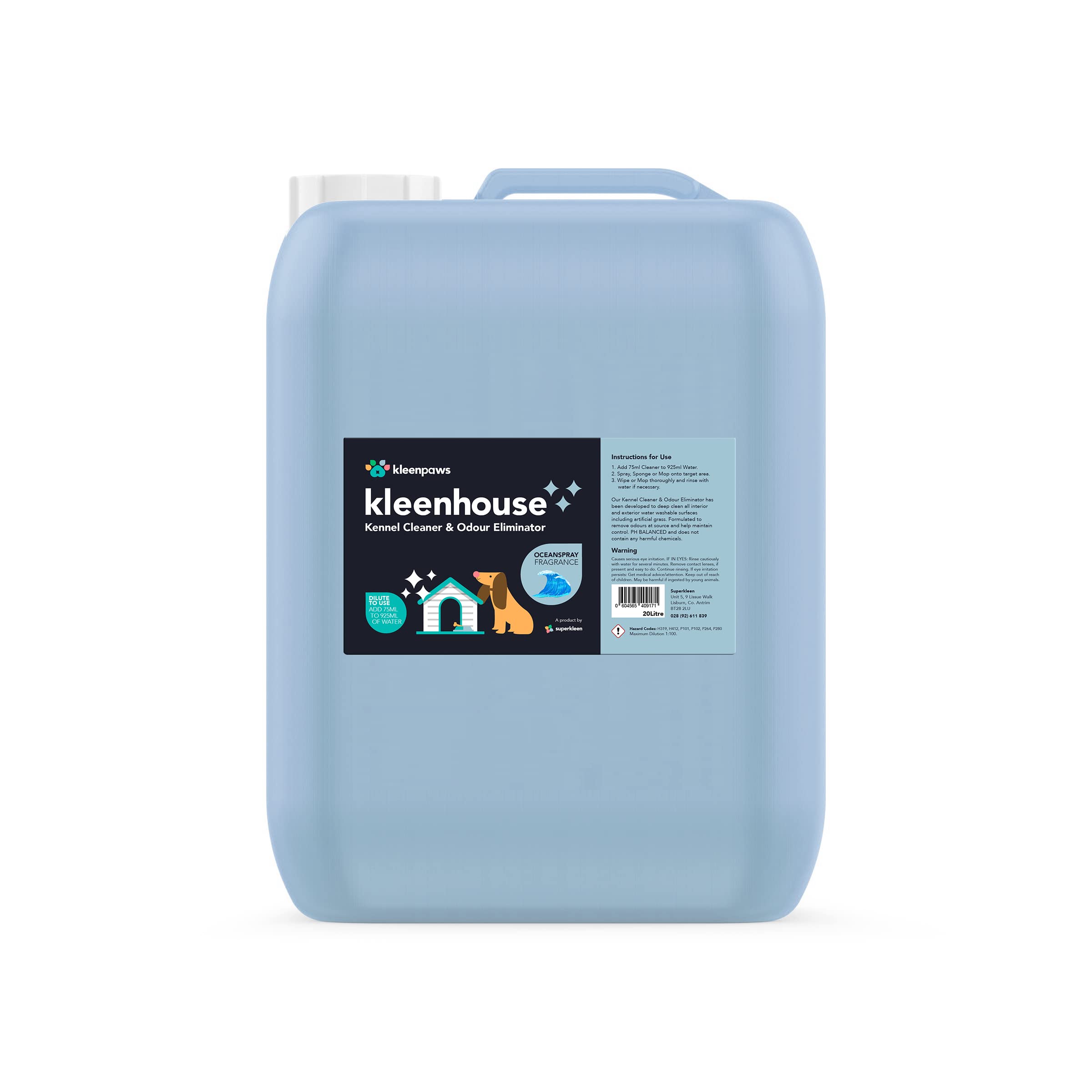 Superkleen Kleenhouse Kennel Cleaner and Odour Eliminator Dog Safe Disinfectant Super Concentrate - Ocean Spray Fragrance (20L)