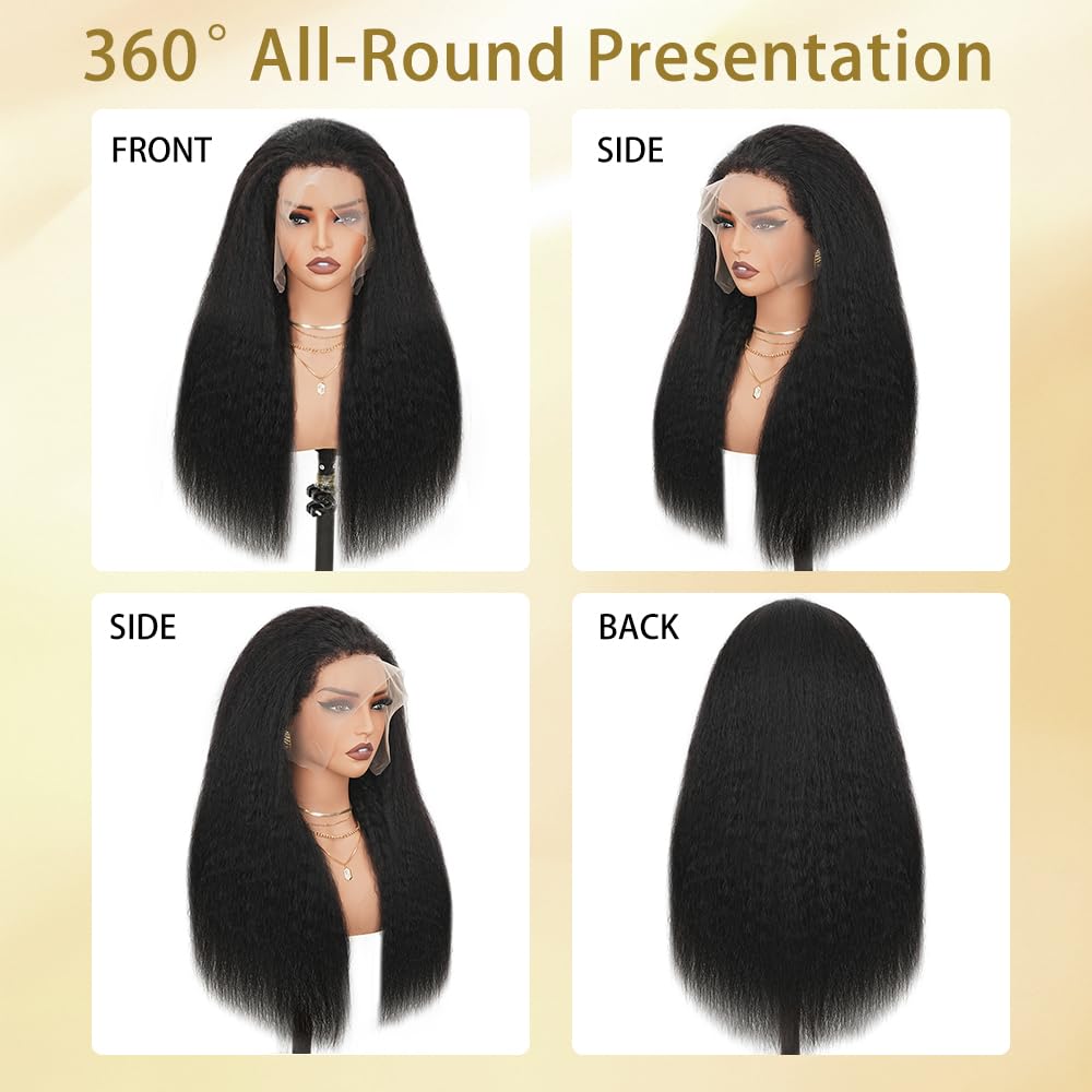 4C Edges Kinky Straight Human Hair Wig 13x6 HD Lace Front Wigs Human Hair with Curly Baby Hair 250% Density Pre Plucked Pre Bleached Wig for Black Women Natural Color 16 inch