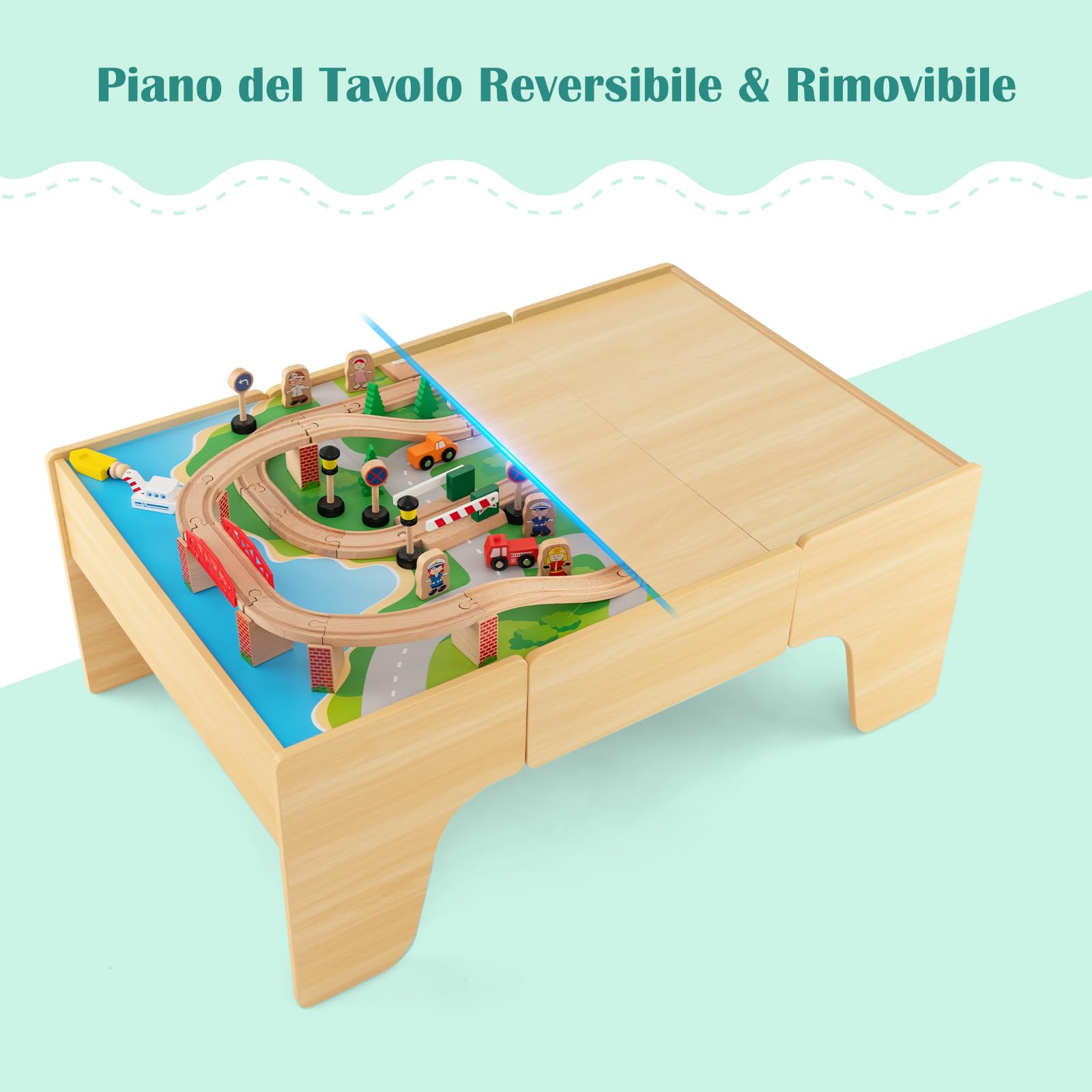 RELAX4LIFE Tavolo Attività in Legno per Bambini con Binari e Treno, da 84/80 Pezzi, Piano Reversibile e Rimovibile, Cassetto per Ragazzi e Ragazze (Naturale,84 pezzi)