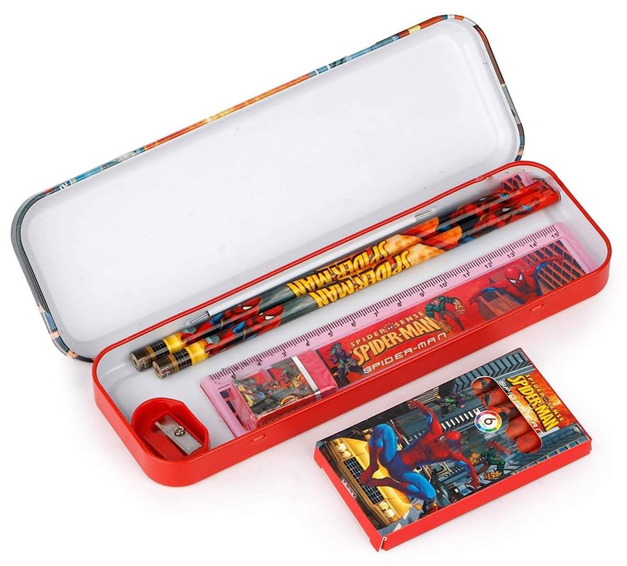 Image of Spidarman Stationary Kit with 1 Pencil Box Case 2 Pencils 6 Crayon Colors 2 Space Gel Pen 1 Ruler Scale Eraser Sharpener Kit for Kids (Character As Per Available)