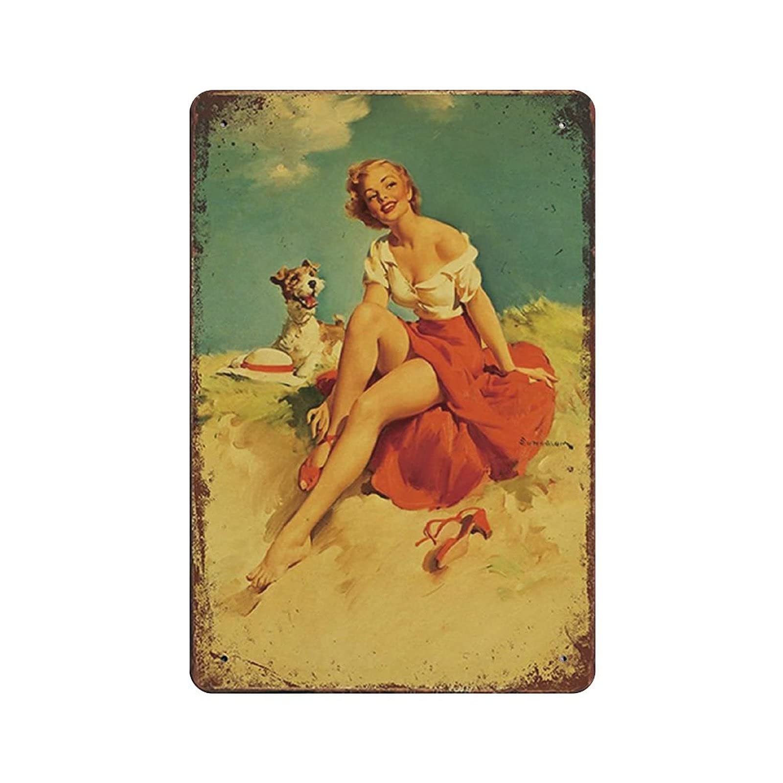rayprint Metal Tin Sign Beauties And Dogs On The Beach Vintage Tin Poster Metal Sign Wall Decoration Country Kitchen Home Garage Decor 12"x8"