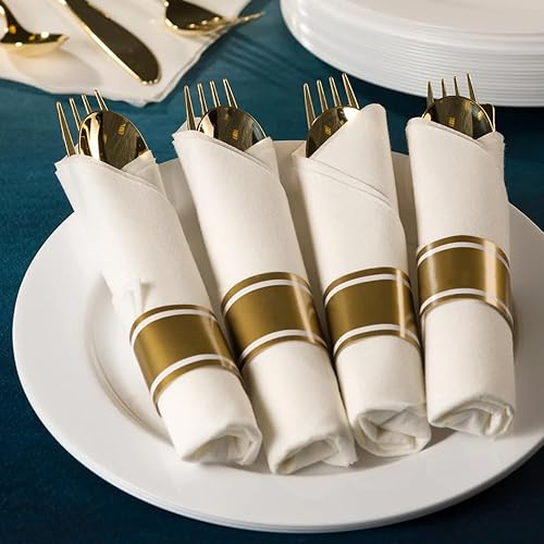 Miniatura 8 de Lillian Tablesettings Juego de 40 cubiertos y servilletas preenrollados con cubiertos dorados pulidos de tamaño completo, 10 tenedores, 10