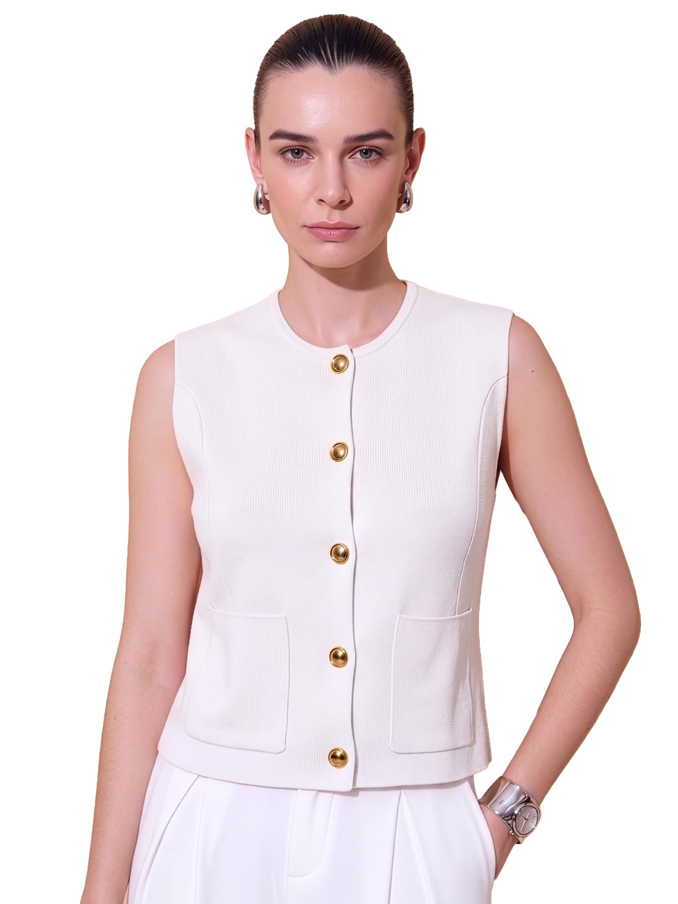 Solid Round Neck Sleeveless Regular Fit Knit Regular Top for Women's & Girl's-image-6