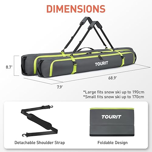 Miniatura 6 de TOURIT Bolsa de esquí para viajes aéreos, protección totalmente acolchada de 360, Oxford 900D, resistente al agua, almacenamiento independiente para