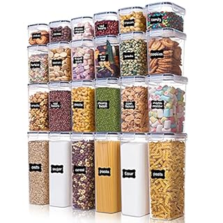 Airtight Food Storage Containers with Lids, Vtopmart 24 pcs Plastic Kitchen and Pantry Organization Canisters for Cereal, Dry Food, Flour and Sugar, Includes 24 Labels，Black