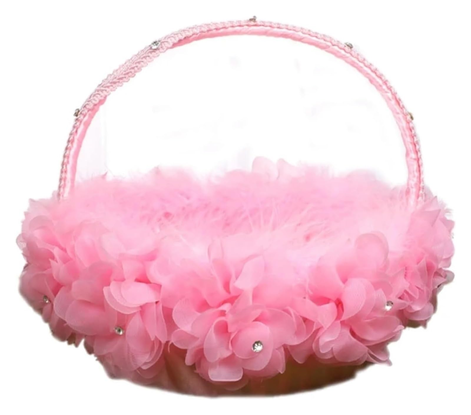 Wedding Petal Confetti Basket, Flower Basket Multicolor Satin Fluff Lace Handle Faux Flowers Wedding Decor(Pink)