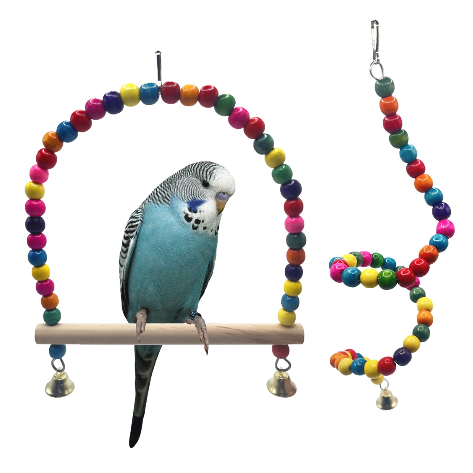 Bekecidi Altalena per Uccelli e Corda per Arrampicata con Perline Colorate, Giocattoli Appesi per Uccelli con Campanello Forniture per Animali Domestici per Pappagalli Piccoli Animali