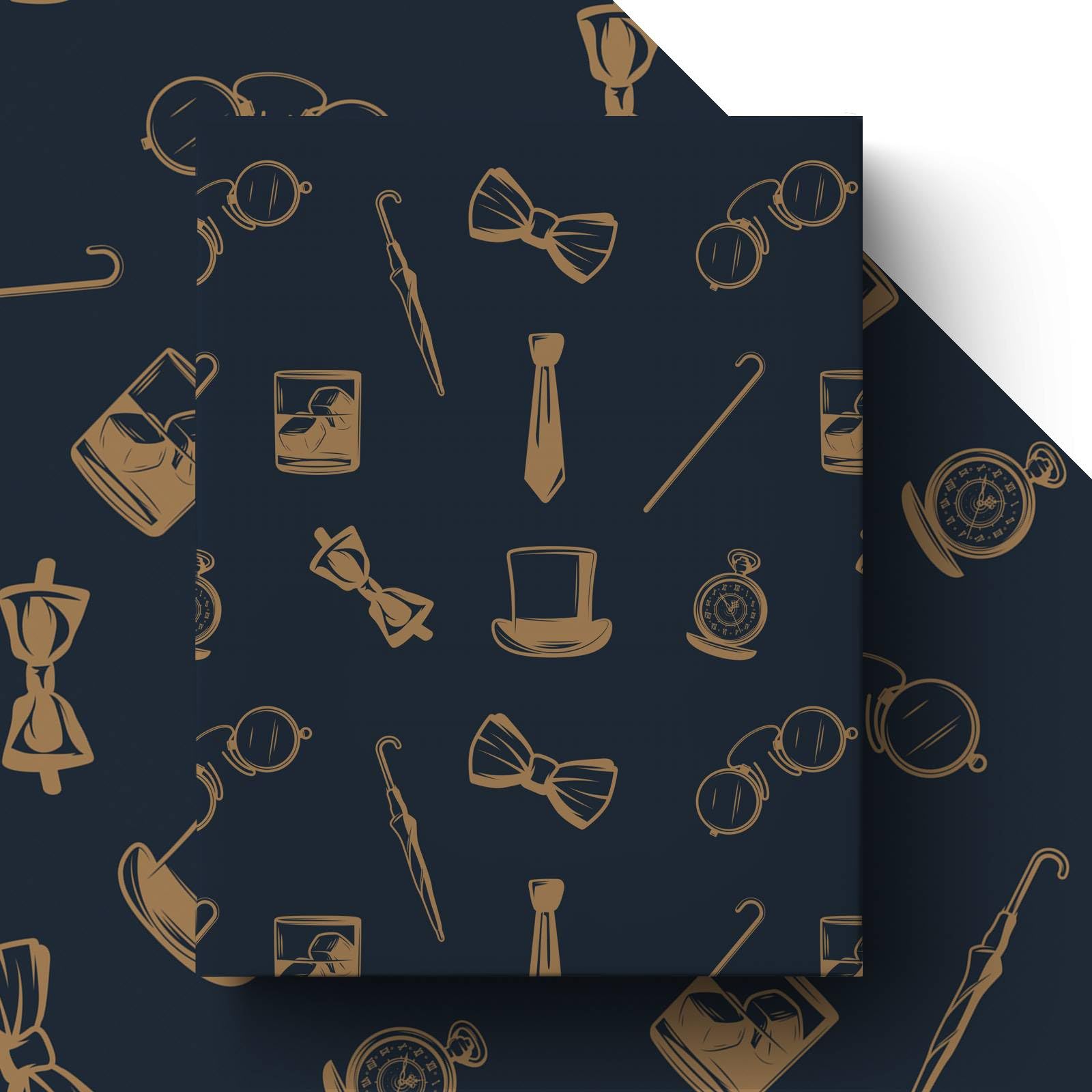 GleeWrap Fathers Day Wrapping Paper, 4 Sheets Thick Mens Gift Wrap, Navy Gold Vintage Whisky & Gentleman Design for Dad, Husband, 50x70cm